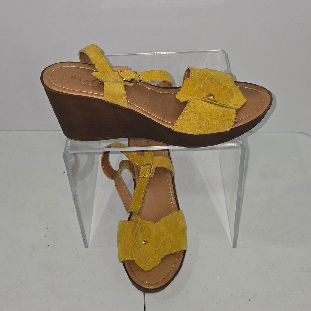 Mariella Italy Womens Yellow Suede Floral Wedge Sandals Ankle Strap Boho Size 10